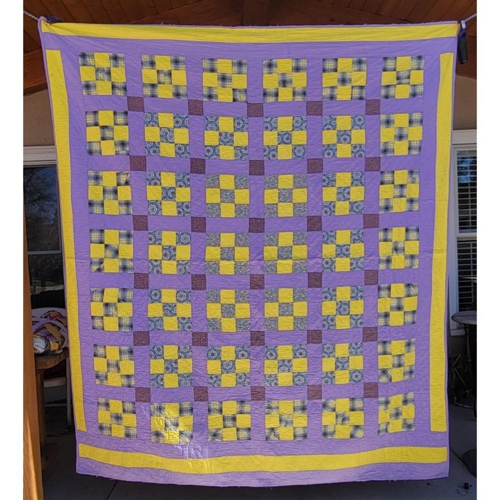 Handmade Nine‎ Patch Quilt Purple Yellow Full Queen Cottage Farmhouse 86 x 74